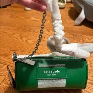 kate spade green leather mini barrel bag with silver chain